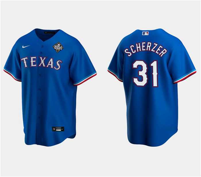 Mens Texas Rangers #31 Max Scherzer Royal 2023 World Series Stitched Baseball Jersey Dzhi